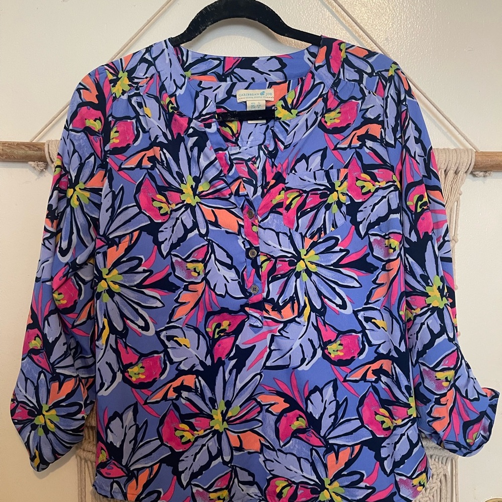 Caribbean Joe Women's Tropical Floral Hawaiian Top Blouse Size Small